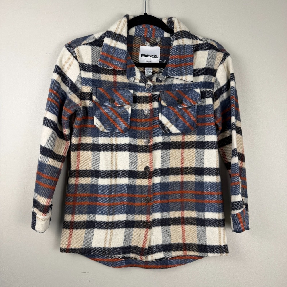 RSQ Flannel Shirt Jacket Women's Medium Blue White Plaid Long Sleeve Shacket